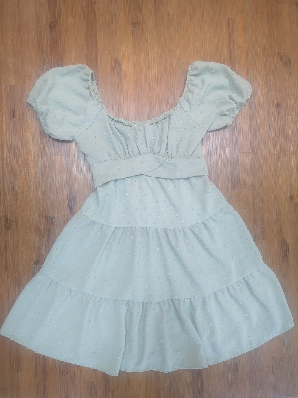 Altar'd State Tiered Babydoll Dress Tie Back in Sage Green Texture Dot - Size XS